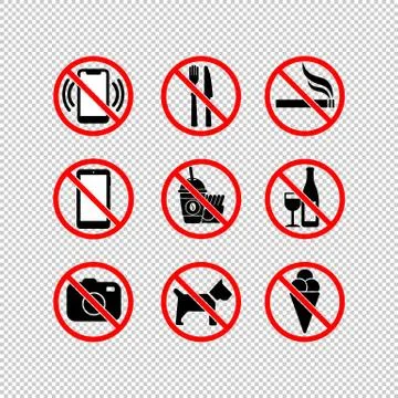 No cell phone, camera, ice cream, stop smoking, eating, no dogs, no drinking  Stock Illustration