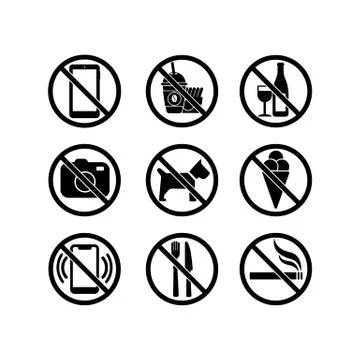 No cell phone, no camera, no ice cream, stop smoking, eating, dogs, drinking  Stock Illustration