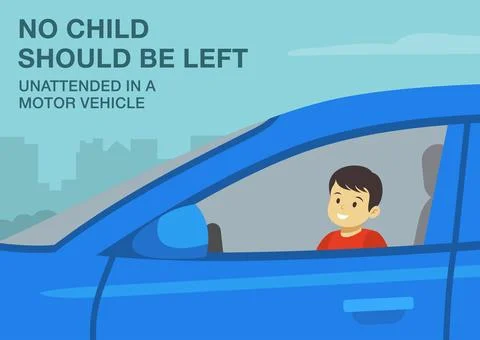 No child should be left unattended in a motor vehicle. Close-up of male kid. Stock Illustration