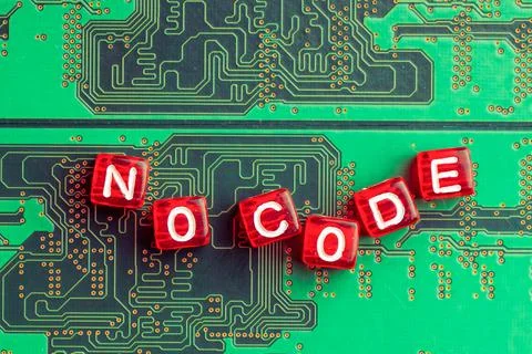 No code lined with letters on red cubes background microcircuit green Stock Photos