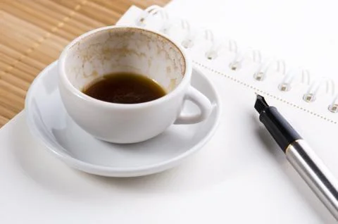 No concept. blank page, empty cup of coffe, pen Stock Photos