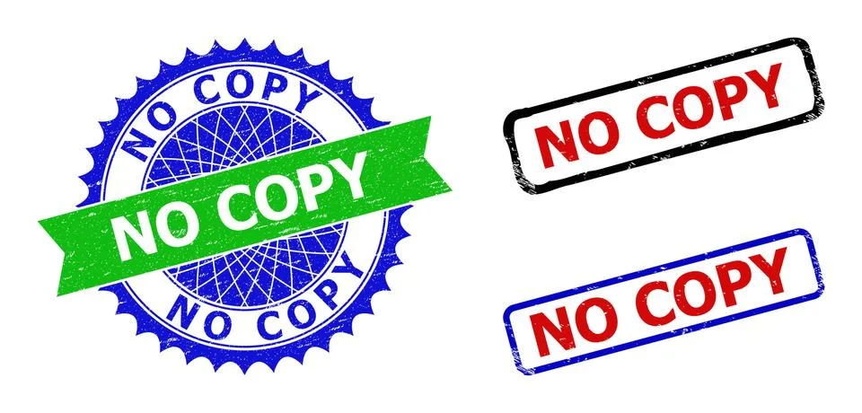 NO COPY Rosette and Rectangle Bicolor Stamp Seals with Distress Surfaces Stock Illustration