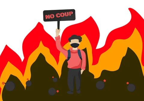 No coup with fire, a protest man in bonfire with no seize power sign campaign ve Stock Illustration