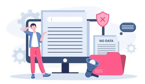 No data concept. Man near empty folder. Lost electronic documents, broken gadget Illustrazione stock