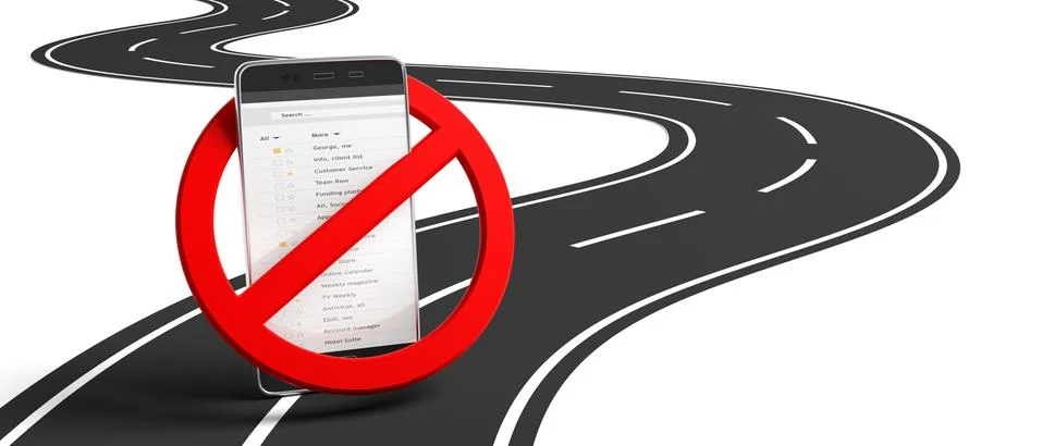 No dialing, no texting while driving. Red crossed out sign and smartphone on Stock Illustration