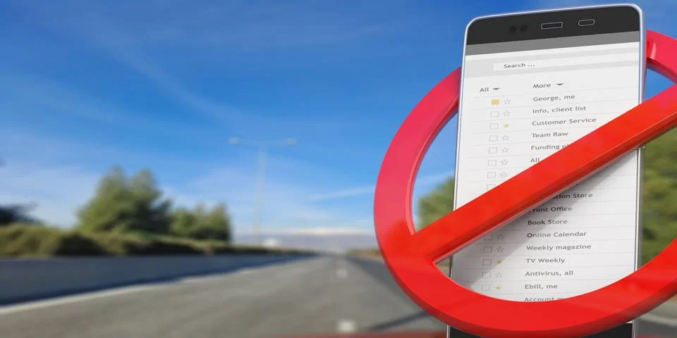 No dialing, no texting while driving. Red crossed out sign and smartphone on Stock Illustration