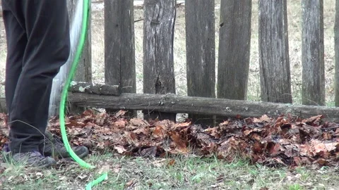 No-dig garden bed preparation. Man watering compost made of autumn leaves l.. Video stock 343718226