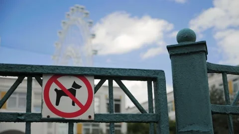 No dog red ring warning street sign on metal fence, public school property Stock Footage 210824733