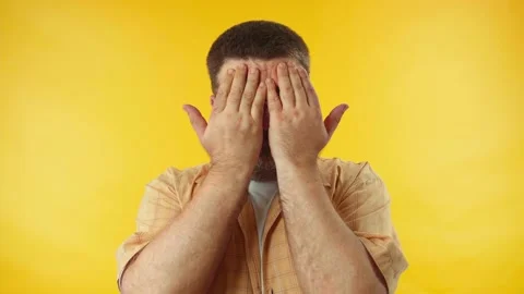 No, don't want to look this! Scared upset caucasian man covering face and eyes Stock Footage 156819151