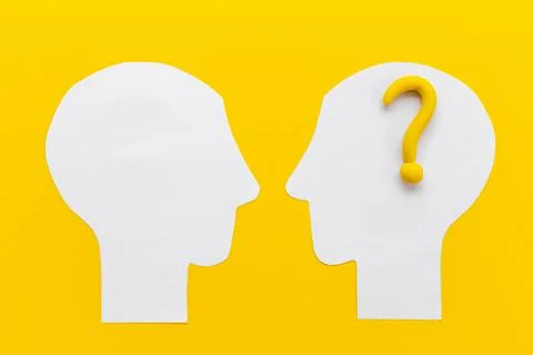 No doubt or solving problem. Question mark with paper human head Foto stock