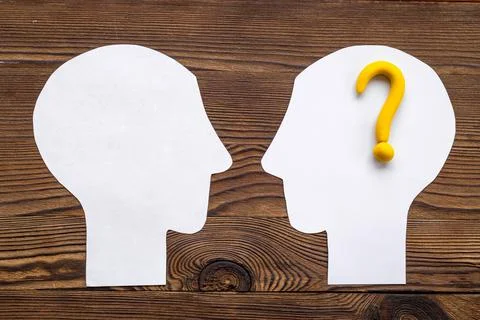No doubt or solving problem. Question mark with paper human head Foto stock