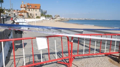 No entry to public beach in Cascais, Portugal due to the Coronavirus Covid-19 Stock Footage 127188474
