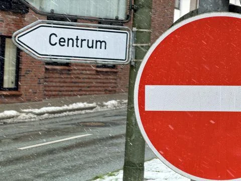 No Entry Sign with German Direction Sign Centrum in Flensburg Street Scene Stock Photos