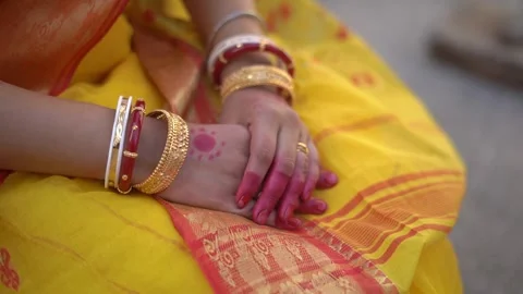 No face closeup shot of hands of Indian woman designed with red ink kept Stock Footage 262603949