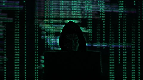 No face hacker with laptop with abstract programming code in the background. Man Stock Footage 279227643