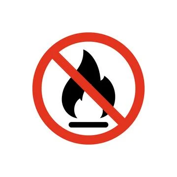 No Fire, flame icon crossed in red circle. Burn sign isolated on white Stock Illustration