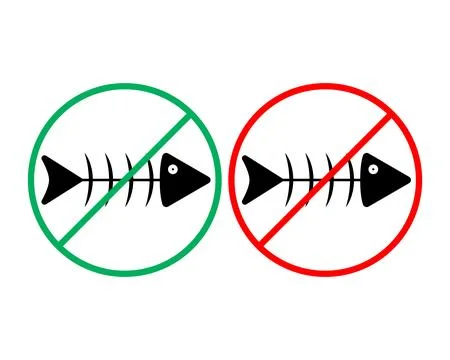 No fish bones. Crossed round sign with fish skeleton. Vector illustration Stock Illustration