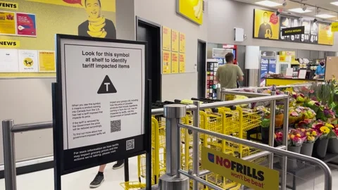 No Frills grocery store interior with prominent tariff impact signage Vídeos de archivo 323132485