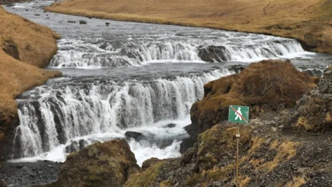 No Hiking Allowed Sign Post Near Skogafoss Waterfall, Iceland Stock Footage 97464763