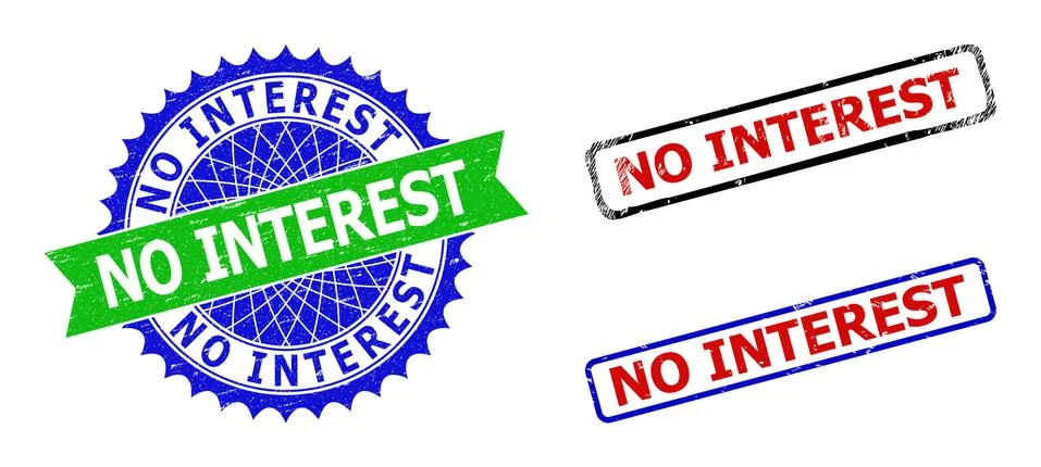 NO INTEREST Rosette and Rectangle Bicolor Badges with Grunge Styles Stock Illustration