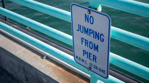 No Jumping Sign Post Warning Summer Aquatic Sea Ocean Pier Stock Photos