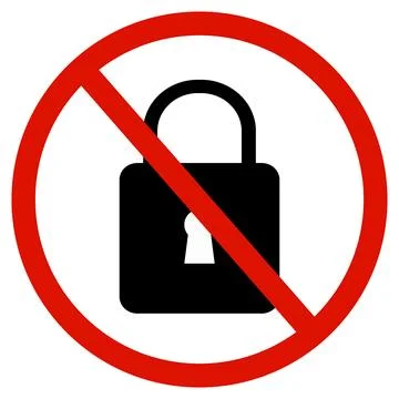 No locking icon. Lock is forbidden. Red prohibition sign of lock. 스톡 일러스트