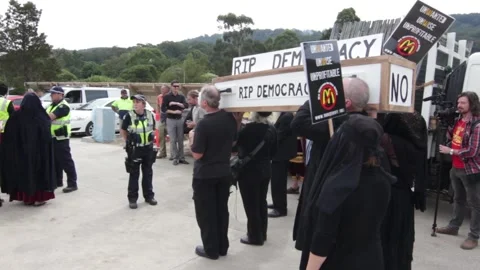 No McDonalds in Tecoma (Australia) - Protesters Carrying Coffin Stock Footage 160180840