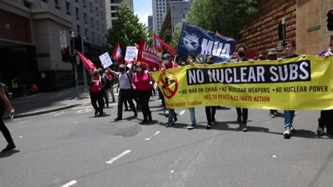 No Nuclear Subs, No AUKUS Pact, No War On China protest Stock Footage