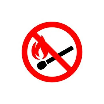 No open fire burning symbol. Black matchstick with red flame in red crossed c Stock Illustration