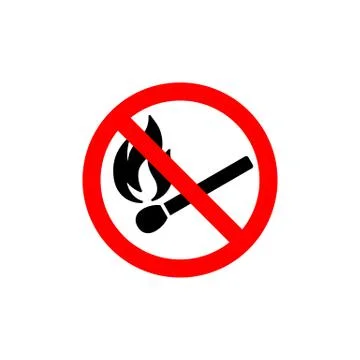 No open fire burning symbol. Black matchstick with flame in red crossed circl Stock Illustration