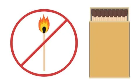 No open fire. Match with a flame behind the forbidding sign. Fire prevention Stock Illustration