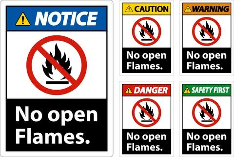 No Open Flames Label Sign On White Background Illustrazione stock