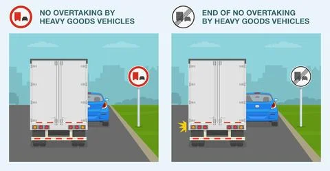 No overtaking and end of no overtaking by heavy goods vehicles signs. Back view Stock Illustration