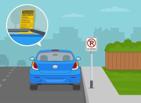 "No parking" area. Back view of blue sedan car parked at verge. Stock Illustration
