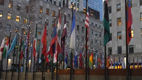 No People Empty Rockefeller Center Flags During NYC Coronavirus Pandemic Stock Footage 127930344