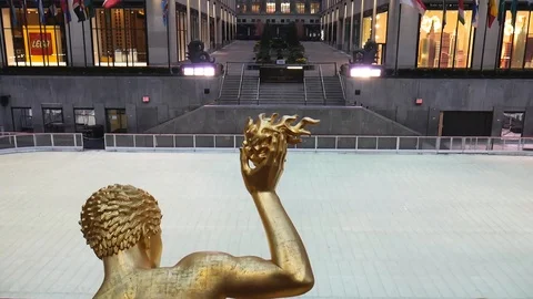 No People Empty Rockefeller Center Rink During NYC Coronavirus Pandemic II Stock Footage 127930345