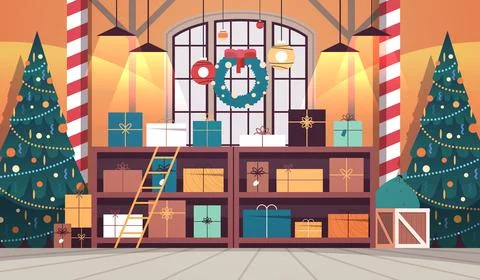 No people santa claus factory with gifts and decorated christmas tree new year Stock Illustration
