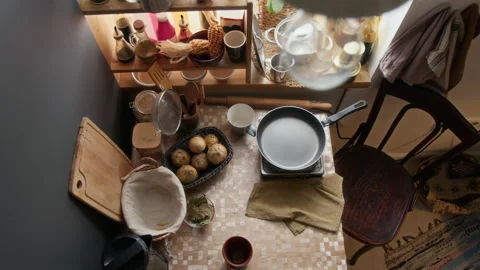 No People Shot of Cluttered Kitchen Table with Cooking Essentials Stock Footage 314620651
