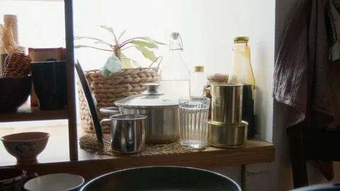 No People Shot of Cluttered Rustic Kitchen shelf Stock Footage 314620641