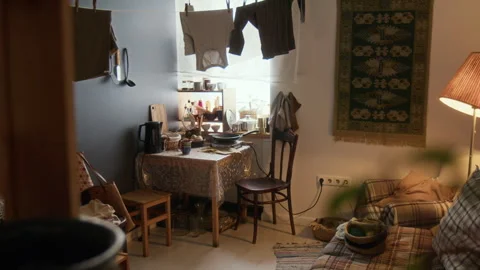 No People Shot of Interior of Small Cluttered Rustic Kitchen Stock Footage 314621766