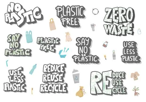 No plastic concept. Quotes with eco lifestyle elements isolated on white back Stock Illustration