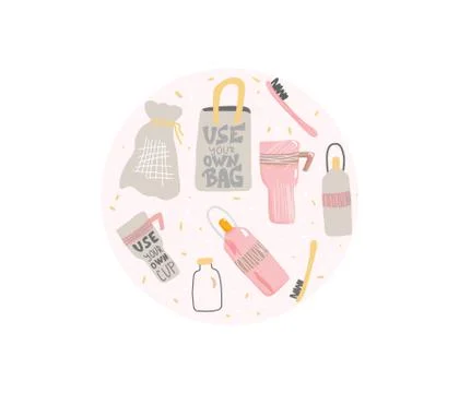 No plastic concept. Round badge with eco lifestyle elements isolated on white Illustrazione stock