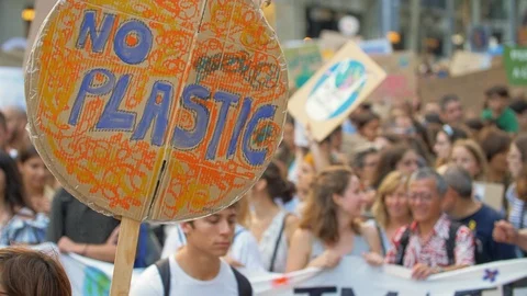 No Plastic Poster at Global Climate Strike. Demonstration Video stock 116796790