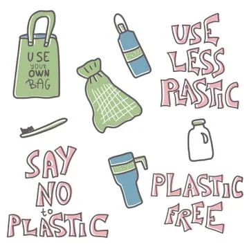 No plastic set of quotes with eco lifestyle elements isolated on white backgr Stock Illustration
