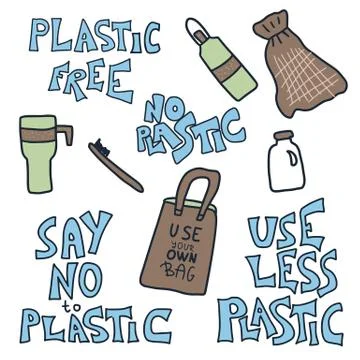 No plastic set of quotes with eco lifestyle elements isolated on white backgr Stock Illustration