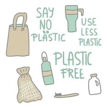 No plastic set of quotes with eco lifestyle elements isolated on white backgr Stock Illustration