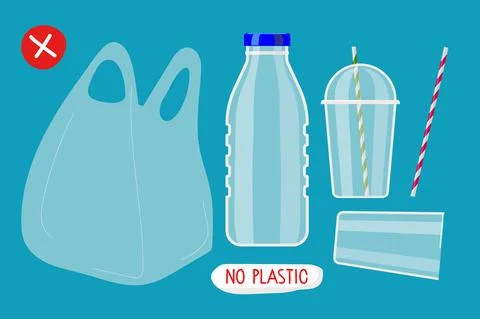 No plastic. Various plastic products, bottle, plastic cup, bag, straw Stock Illustration
