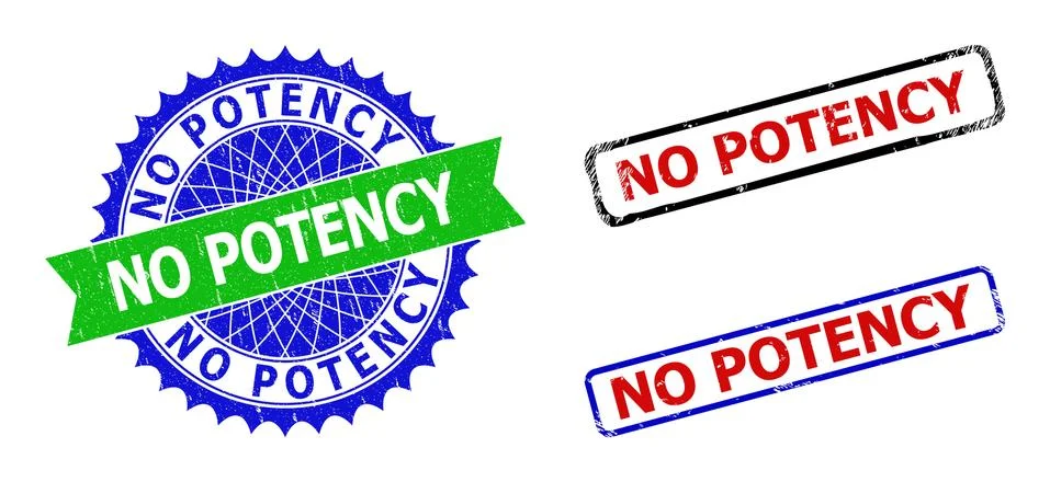 NO POTENCY Rosette and Rectangle Bicolor Badges with Grunged Surfaces Stock Illustration