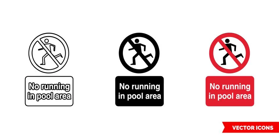 No running in pool area prohibitory sign icon of 3 types color, black and whi Stock Illustration