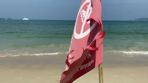 NO SWIMMING HERE RED flag flapping on windy day on beachfront Stock Footage 267655081